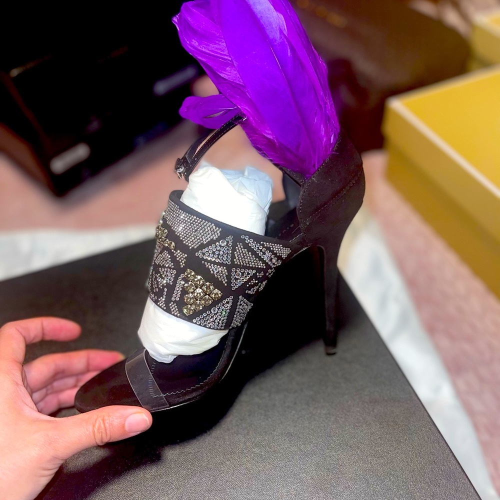 GIUSEPPE ZANOTTI Talia Crystal Embellish Purple Feather Heels Sandals